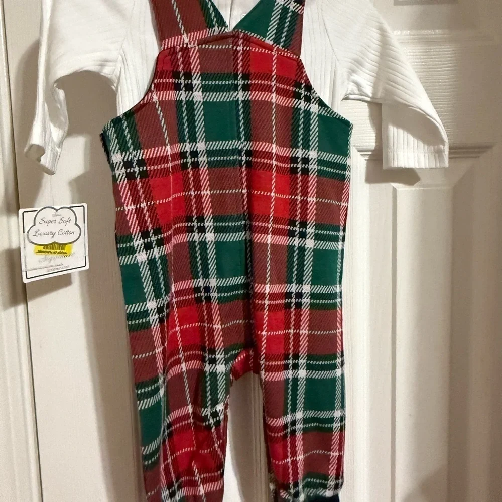 NWT Little Me Plaid Overalls Outfit